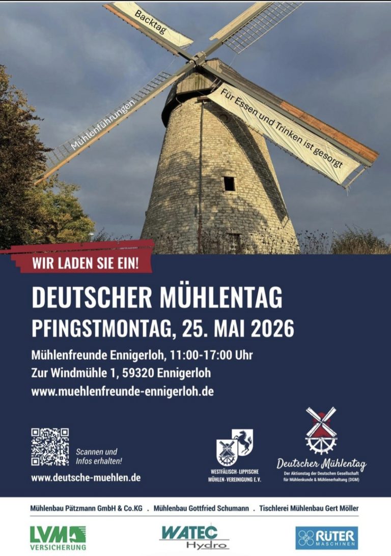 Deutscher Mühlentag Pfingstmontag – offene Windmühle und Backhaus in Betrieb